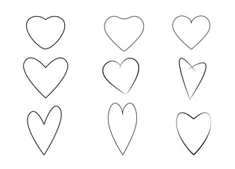 Hand drawn vector heart set with different tools like brushes, chalk, ink.