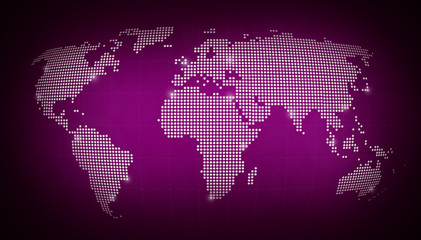 Fototapeta na wymiar Dotted world map with some highlighted cities on blurred dark purple background. High resolution abstract illustration.
