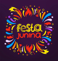 Festa junina festival party flyer. Colorful abstract fireworks with lettering logo
