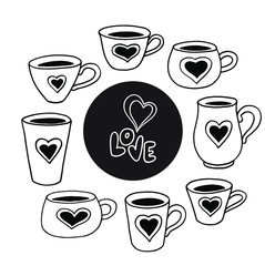 Set of cups of coffee with a love scribble. Hand drawing doodle. Circuit. Vector stock illustration.