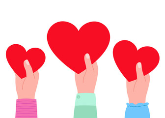 Big red heart in hands of people. Gift, charity. Heart as symbol of love, appreciation, respect, care. Vector illustration on white background