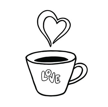 Cup of coffee with a love scribble. Hand drawing doodle. Circuit. Vector stock illustration.
