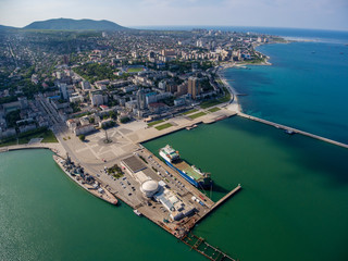 Fototapeta na wymiar Top view of the bay Tsemess. Mol - building to stop the waves.