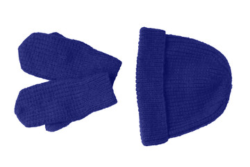 knitted mittens and hat blue classic on a white background