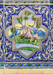 Hunting with sword, antique hand painted tile, Moghadam historic house museum, Tehran, Iran
