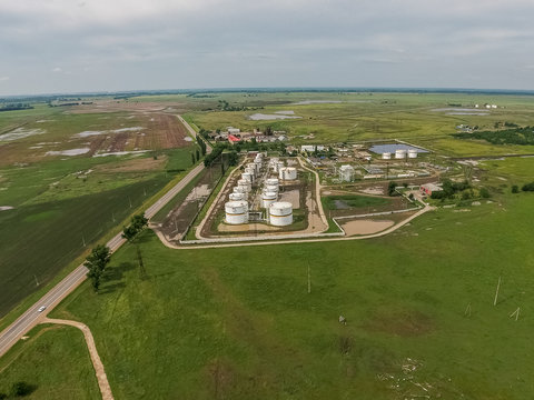 Aerial view of oil storage tanks