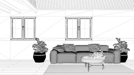 Blueprint project draft, country house living room, lounge with wooden roof. Comfortable sofa with pillows, carpet and plants, parquet floor and windows, modern white interior design