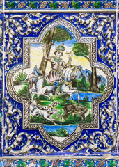 King Bahram Gor on horseback, antique hand painted tile, Moghadam historic house museum, Tehran, Iran