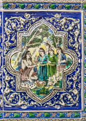 Fototapeta na wymiar Antique hand painted tile, Moghadam historic house museum, Tehran, Iran