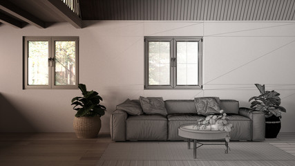 Architect interior designer concept: unfinished project that becomes real, country house living room, wooden roof. Comfortable sofa, pillows, carpet and plants, parquet and windows