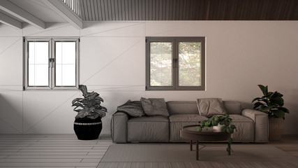 Architect interior designer concept: unfinished project that becomes real, country house living room, wooden roof. Comfortable sofa, pillows, carpet and plants, parquet and windows