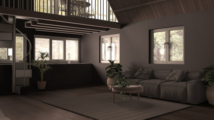 Modern loft with mezzanine and staircase, parquet floor and panoramic windows. Studio apartment, open space, living room, sofa, kitchen and terrace, gray interior design