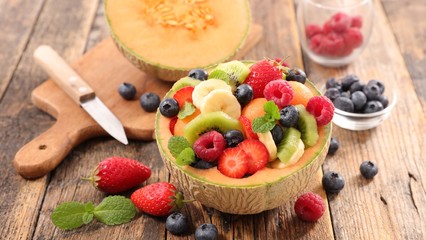fresh fruit salad in melon bowl
