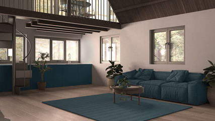 Modern loft with mezzanine and staircase, parquet floor and panoramic windows. Studio apartment, open space, living room, sofa, kitchen and terrace, white and blue interior design
