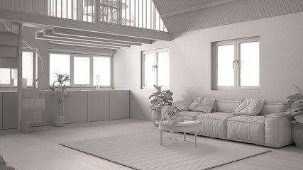 Total white project draft, modern loft with mezzanine and staircase, parquet and windows. Studio apartment, open space, living room, sofa, kitchen and terrace, white interior design
