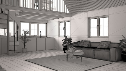Unfinished project draft, modern loft with mezzanine and staircase, parquet and windows. Studio apartment, open space, living room, sofa, kitchen and terrace, white interior design