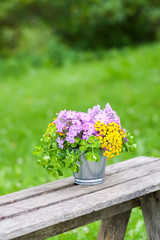 Beautiful bouquet of wildflowers on wooden bench on summer nature background in countryside