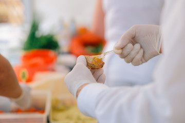 Canape close up. Preparing and serving canapes at the event.