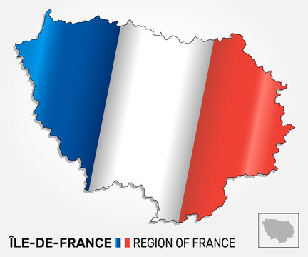 Map of the french region Ile-de-France combined with waving french national flag. Silhouette or borders for geographic themes - Vector