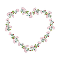 Heart made of cosmos, clover, chamomile, carnation, bud poppy. Template with romantic floral elements for your design