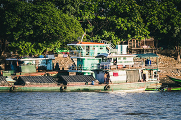 Burmese housing boats on the Irrawaddy River (Ayeyarwady River) in Bagan, Myanmar (Burma)