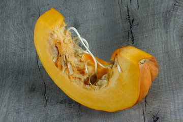 Sliced orange pumpkin with seed sprout inside on gray wood background. Sprouted seeds inside a pumpkin