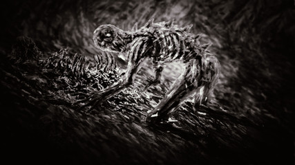 Scary zombie stands on all fours and chews on his victim.