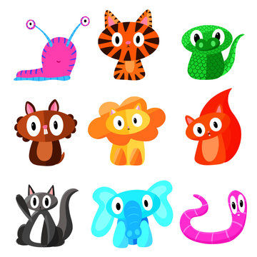 A Collection of Cute Vector Cartoon Animals Squirrel Worm Cat Elephant Lion Tiger Crocodile Slug Illustrations