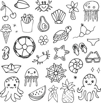 Summer Cute Cartoon Sea Beach Jellyfish Octopus Turtle Vector Outline Isolated Elements White Background Collection Set