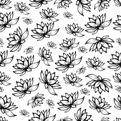 Obraz premium Seamless pattern of lotus flowers. Black-white contour on a white background. Suitable for fabric labeling. Brown paper.