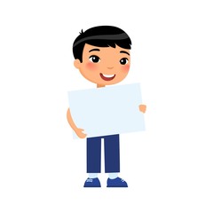 Little smiling boy holding empty banner flat vector illustration. Cute schoolkid with blank paper sheet in hands isolated on white background. Happy young asian kid with poster mock up