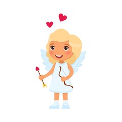 Little smiling female cupid, child flat vector illustration. Valentines Day celebration symbol. Blonde girl with wings holding arrows character. February 14 holiday. Cute angel isolated design element