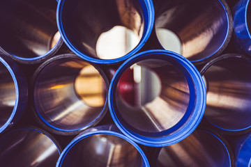 blue plastic pipes bokeh effect