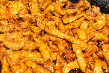 many pieces meat pork fried delicious source of protein. base cooking pattern delicious