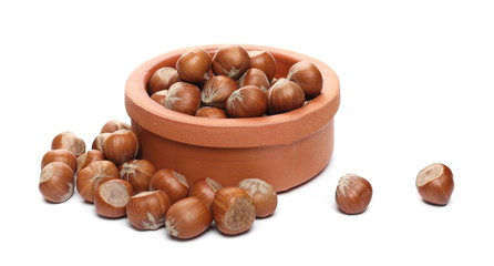 Hazelnuts in clay pot isolated on white background