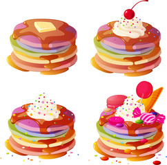 DruckVector illustration of trendy extreme rainbow unicorn candy pancakes isolated on white background.