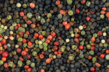 set peppercorns assorted red green white background basis traditional seasoning
