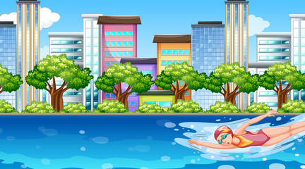 Obraz premium Background scene with athletes doing swimming in the river