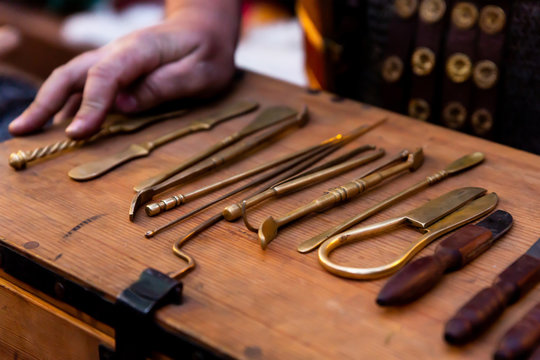 Medica Medieval Copper Toolkit. Vintage tools scalpel nippers scapula military surgeon