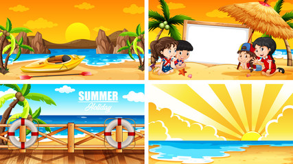 Four background scenes with summer on the beach