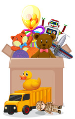 Box full of toys on white background