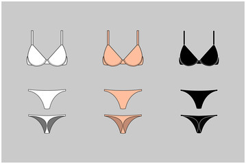 Set of vector silhouettes of female bras. Beautiful elements of women underwear. Sets of basic women's underwear. Bra and underpants. Vector illustration.