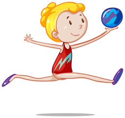 Athlete doing gymnastic with ball on white background