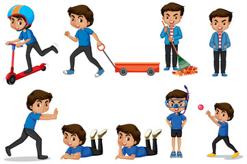Boy in blue shirt doing different activities