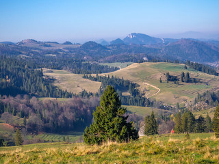 Pieniny Mountains in autumn. Mount Beresnik and Trzy Korony Massif at background. View from Rozdziela Pass. © ffolas