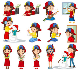 Set of girl doing different activities on isolated background