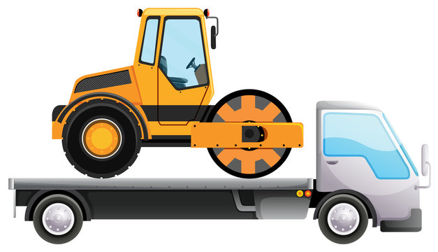 Flatebed truck carrying tractor on isolated background