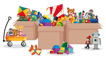 Naklejka premium Three boxes full of toys on white background
