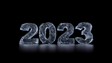 High detailed 3d render of year number. Title made of ice.  Text standing on the dark reflective material.
Title 2023.