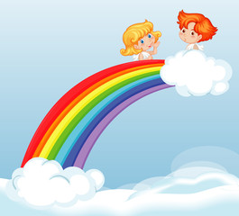 Cute fairies flying in the sky with beautiful rainbow background
